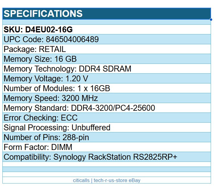 Synology D4EU02-16G 1x 16GB DDR4-3200/PC4-25600 DDR4 SDRAM ECC 288-Pin Unbuffer