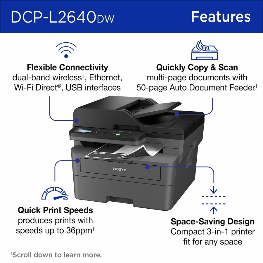 Brother DCPL2640DW Wireles  Compact Monochrome Multi-Function Laser Printer