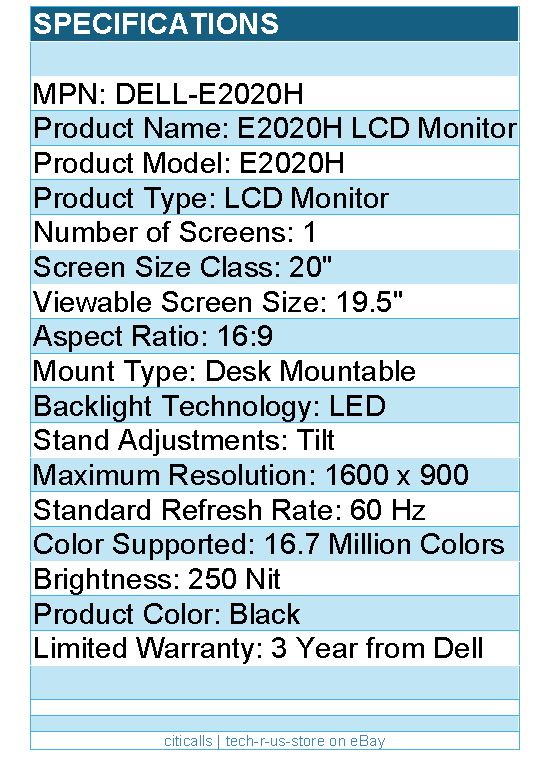 Dell DELL-E2020H E2020H 20" Class LCD Monitor - 16:9 - 1600 x 900 - Black