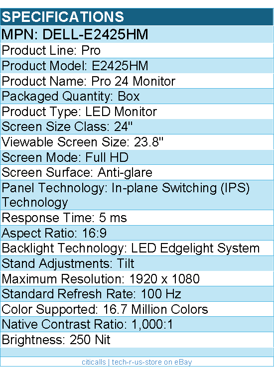 Dell DELL-E2425HM Pro E2425HM 24" Class Full HD LED Monitor - 16:9 - Black