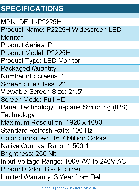 Dell DELL-P2225H P2225H 22" Class Full HD LED Monitor - 16:9 - Black, Silver