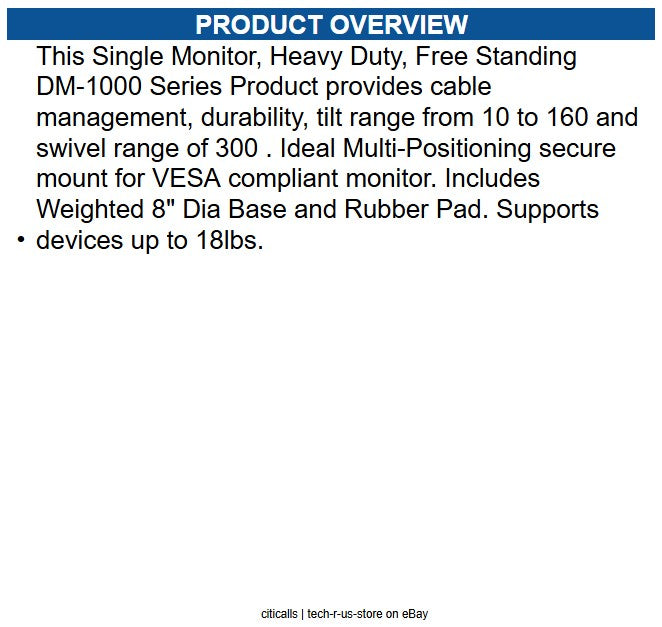 ENS DM-10-112 Display Stand Up to 21" Screen Support - 18 lb Load Capacity