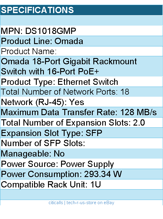 TP-Link DS1018GMP Omada 18-Port Gigabit Rackmount Switch w 16-Port PoE+