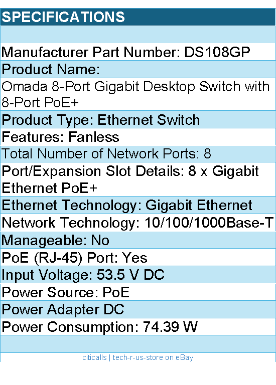 TP-Link DS108GP Omada 8-Port Gigabit Unmanaged Desktop Switch with 8-Port PoE+