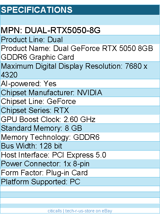 ASUS DUAL-RTX5050-8G NVIDIA GeForce Graphic Card - 8 GB GDDR6