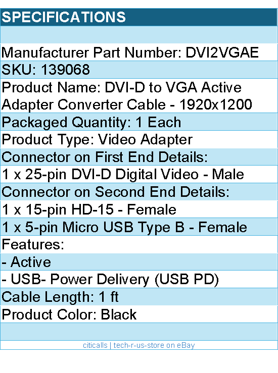 StarTech DVI2VGAE DVI-D to VGA Active Adapter Converter Cable 1920x1200 RTL