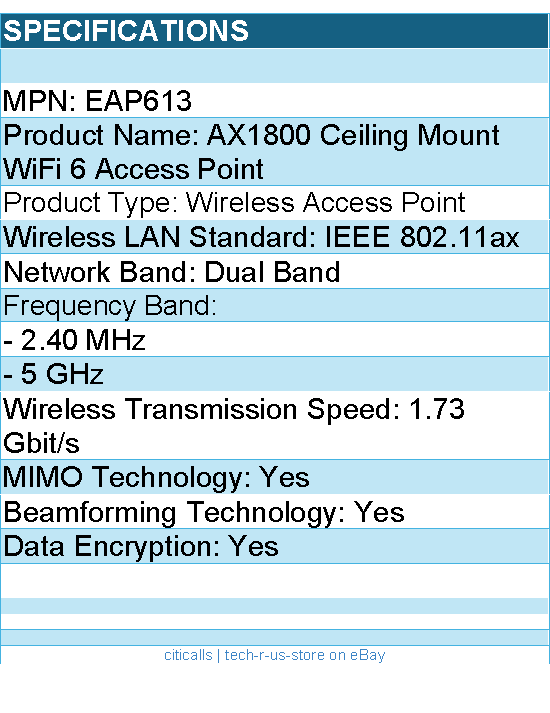 TP-Link EAP613 AX1800 Ceiling Mount Wi-Fi 6 Access Point retail