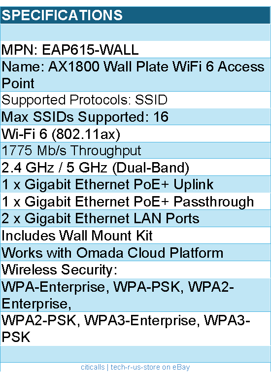 TP-Link EAP615-Wall AX1800 Wall Plate WiFi 6 Access Point Retail