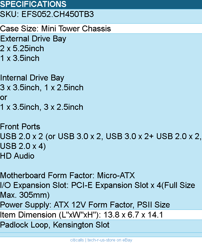 In-Win EFS052.CH450TB3 mATX Mini Tower BK 450W 2 1 (3) Bays - Computer Case