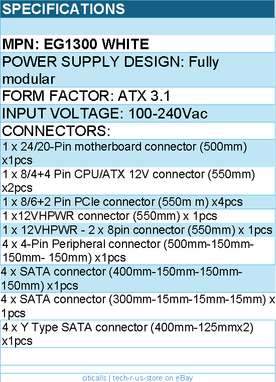 Lian-Li EG1300 White Power Supply - 1300W 80+ PLATINUM Full Modular ATX White