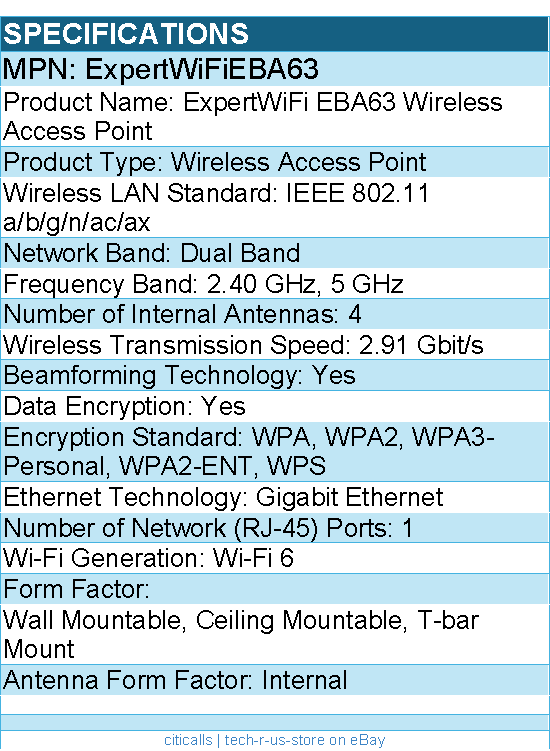 ASUS ExpertWiFiEBA63 EBA63 AX3000 Dual-Band WiFi 6 (802.11ax) PoE Access Point