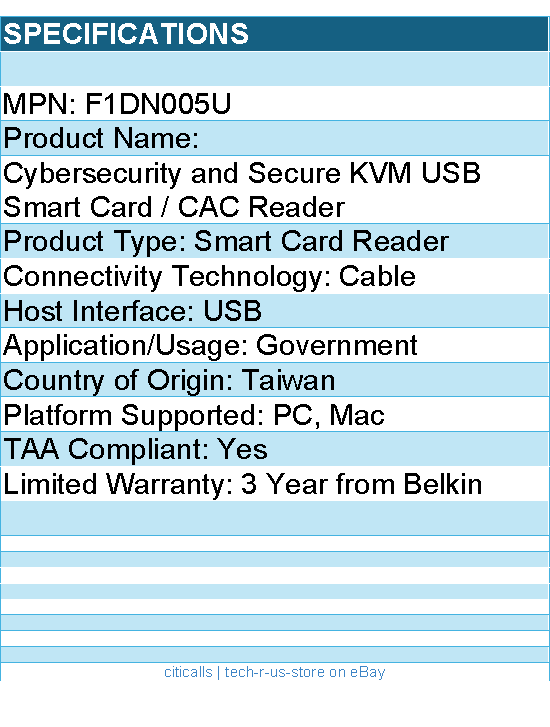 Belkin F1DN005U Cybersecurity and Secure KVM USB Smart Card / CAC Reader