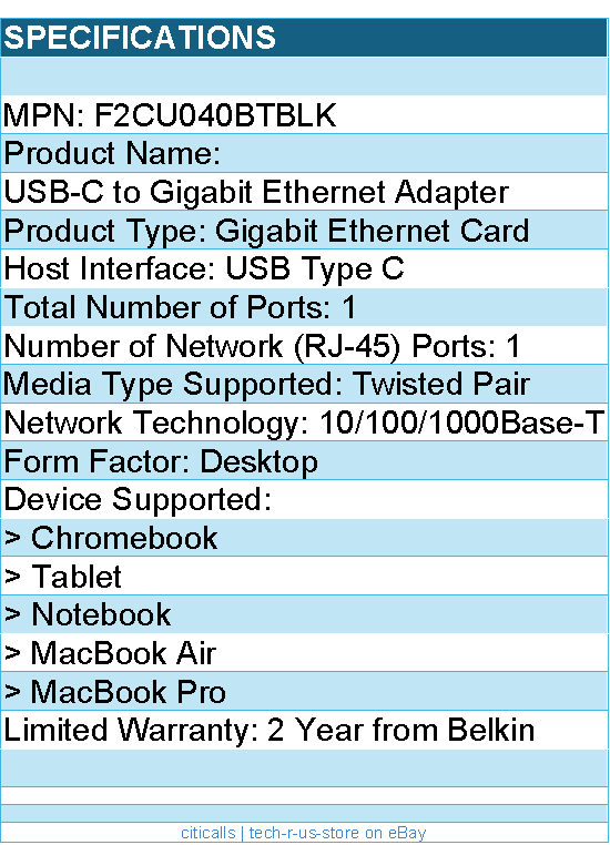 Belkin F2CU040btBLK USB-C to Gigabit Ethernet Adapter