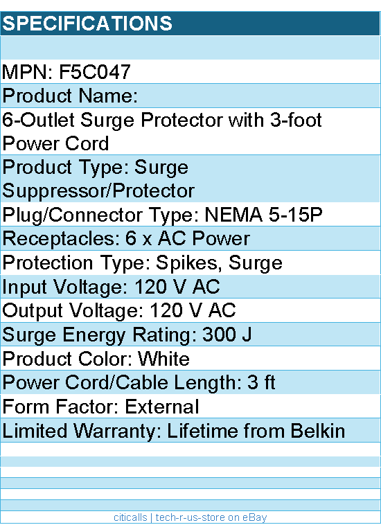Belkin F5C047 6-Outlet Surge Protector with 3-foot Power Cord - 120 V AC