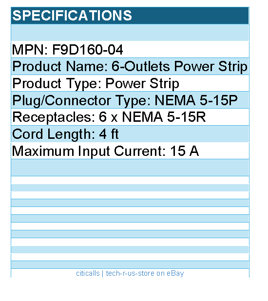Belkin F9D160-04 6-Outlets Power Strip - 4ft input cord - 6 NEMA 5-15R
