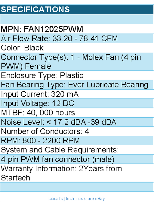 StarTech FAN12025PWM 120x25mm Computer Case Fan with PWM Pulse Width Retail