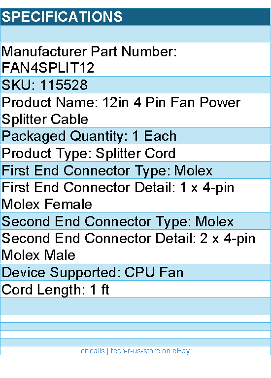StarTech FAN4SPLIT12 12in 4 Pin Fan Power Splitter Cable F M Retail