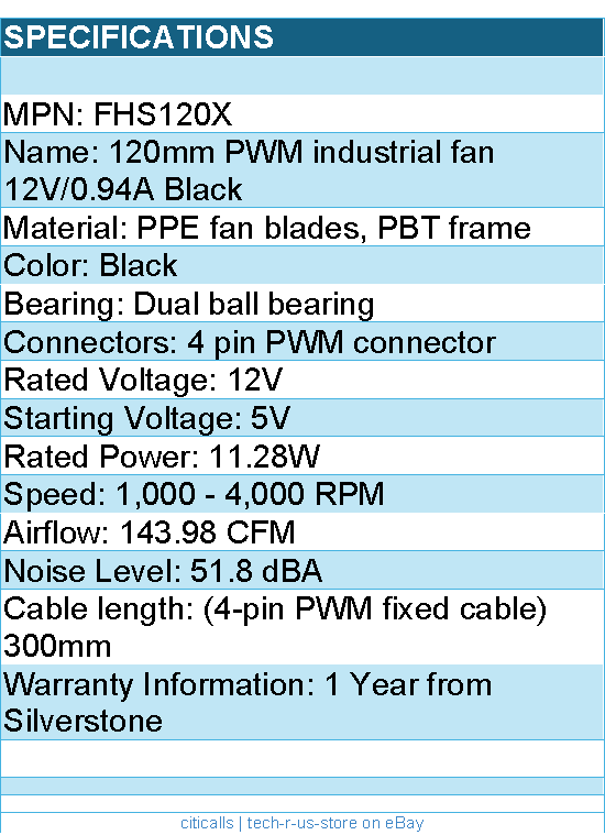 Silverstone FHS120X 120mm PWM Industrial Fan 12V 0.94A Black Retail