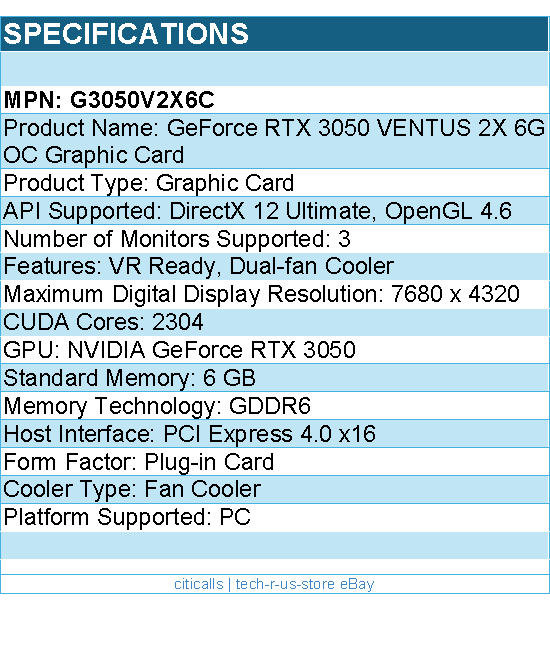 MSI G3050V2X6C Video Card - GeForce RTX 3050 VENTUS 2X 6G OC 6G GDDR6 PCI-E4.0x8