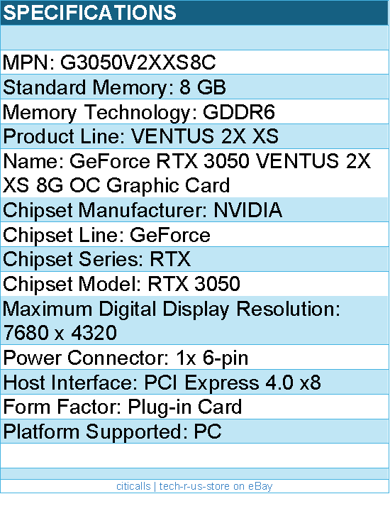 MSI G3050V2XXS8C NVIDIA GeForce RTX 3050 Graphic Card - 8 GB GDDR6