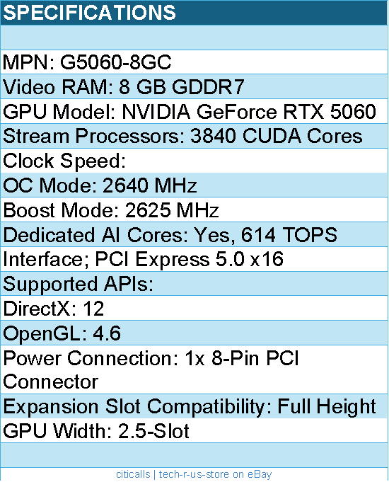 MSI G5060-8GC GeForce RTX 5060 GAMING OC Graphics Card - 8GB GDDR7Ratail