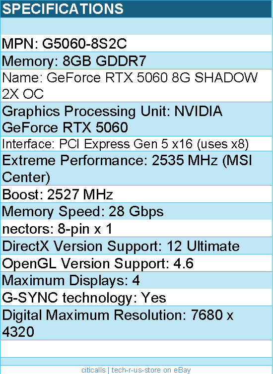 MSI G5060-8S2C GeForce RTX 5060 SHADOW 2X OC Graphics Card - 8GB GDDR7