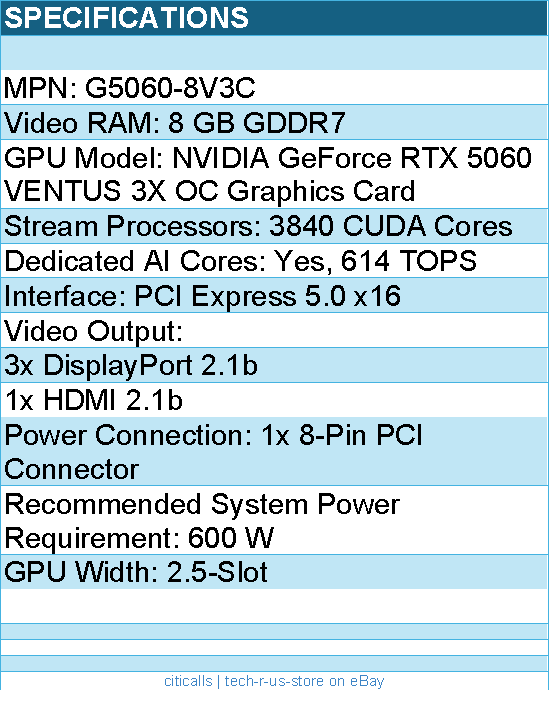 MSI G5060-8V3C GeForce RTX 5060 VENTUS 3X OC Graphics Card - 8 GB GDDR7