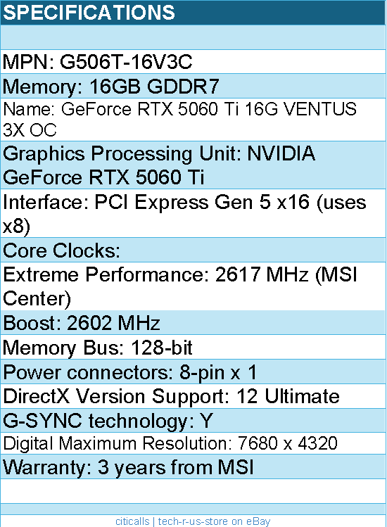 MSI G506T-16V3C Video Card - GeForce RTX 5060 Ti 16G VENTUS 3X OC 16GB GDDR7