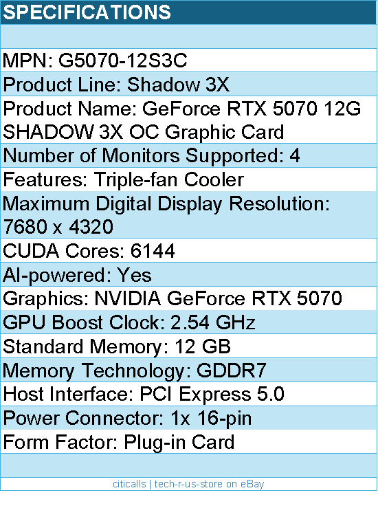 MSI G5070-12S3C NVIDIA GeForce RTX 5070 12G SHADOW 3X OC Graphic Card