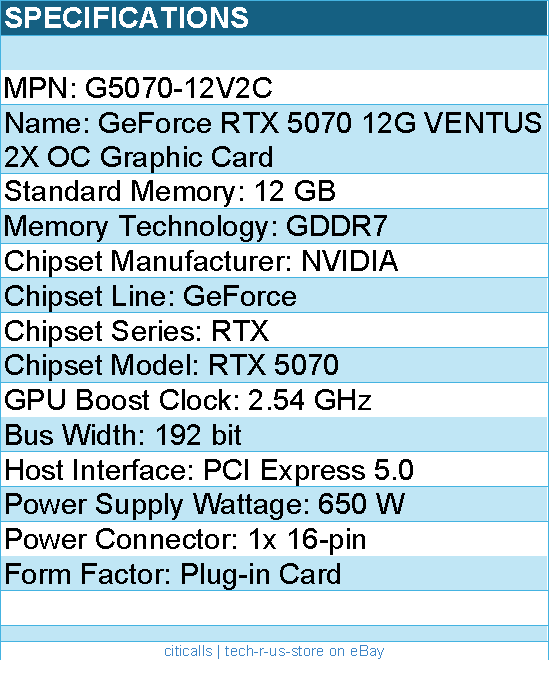 MSI G5070-12V2C Video Card - GeForce RTX 5070 12G VENTUS 2X OC 12GB GDDR7