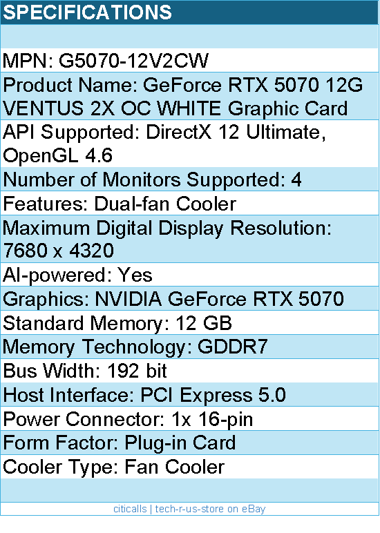MSI G5070-12V2CW GeForce RTX 5070 12G VENTUS 2X OC WHITE Graphic Card