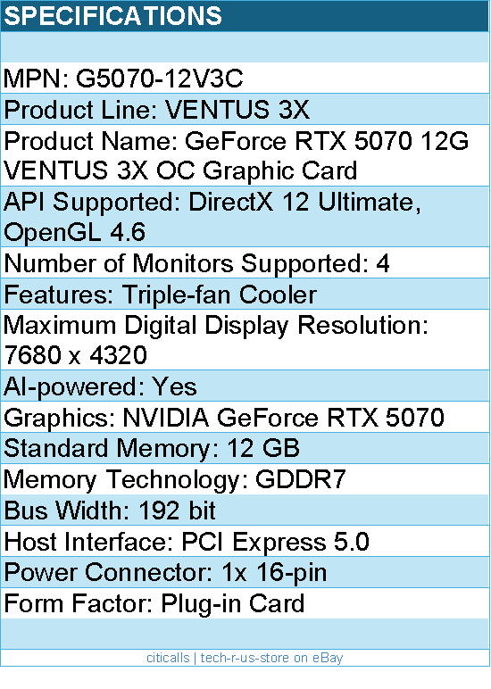 MSI G5070-12V3C GeForce RTX 5070 12G VENTUS 3X OC Graphic Card