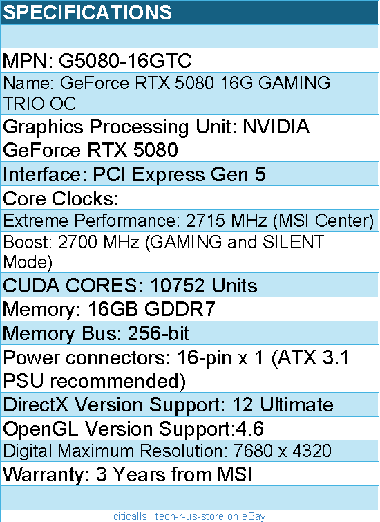 MSI G5080-16GTC Video Card - GeForce RTX 5080 16G GDDR7 - Retail