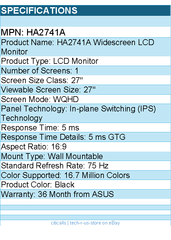 ASUS HA2741A 27" Class WQHD LCD Monitor - 16:9 - 2560 x 1440 - Black