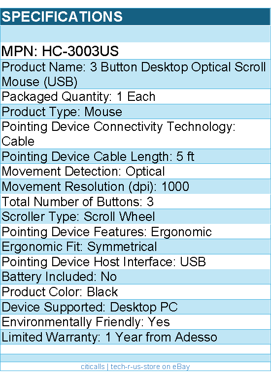 Adesso HC-3003US 3 Button Desktop Optical Scroll Mouse (USB) - 1000 dpi