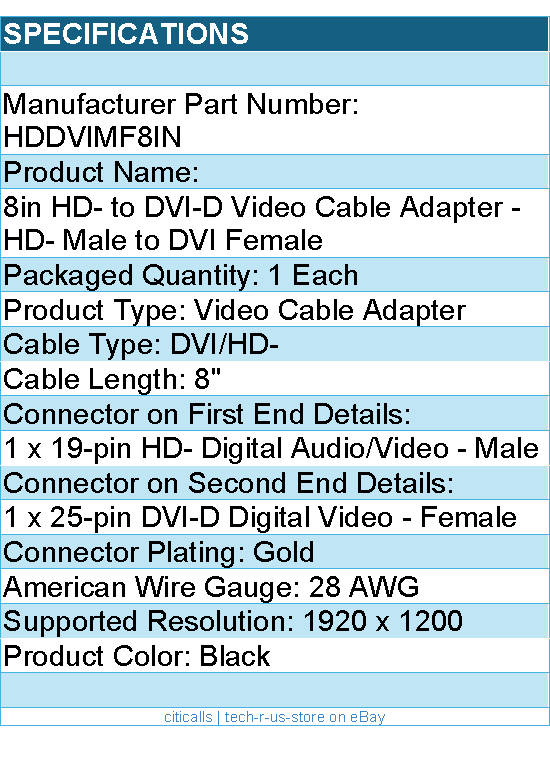 StarTech HDDVIMF8IN 8in Video to DVI-D Video Cable Adapter F/M Retail