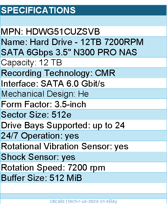 Toshiba HDWG51CUZSVB Hard Drive - 12TB 7200RPM SATA 6Gbps 3.5 N300 PRO NAS