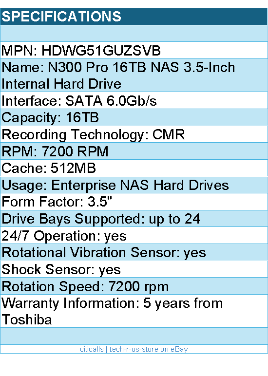 Toshiba HDWG51GUZSVB Hard Drive - 16TB 7200RPM SATA 6Gbps 3.5" N300 PRO NAS Bare