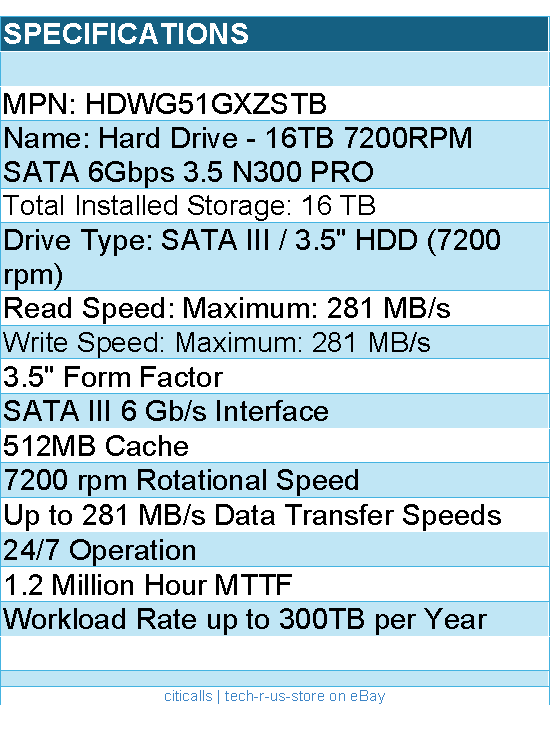 Toshiba HDWG51GXZSTB Hard Drive - 16TB 7200RPM SATA 6Gbps 3.5 N300 PRO NAS