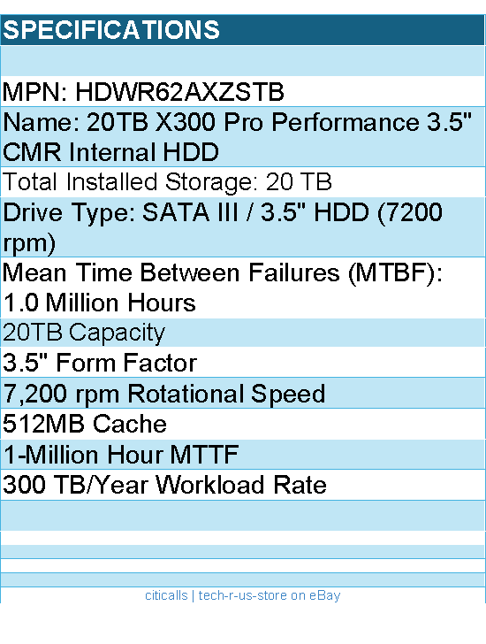 Toshiba HDWR62AXZSTB Hard Drive - 20TB 7200 RPM SATA 6Gbps 3.5 X300 PRO