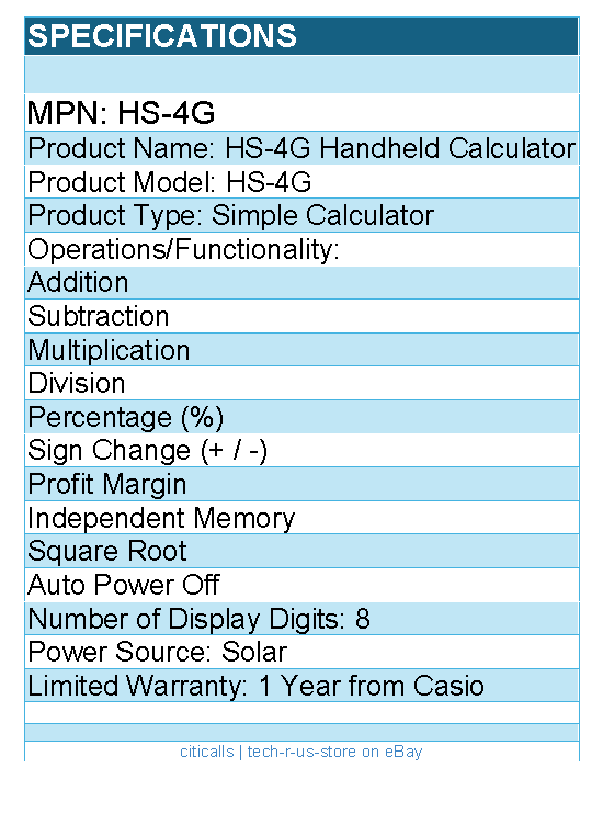 Casio HS-4G Handheld Calculator - 8 Digits - Solar Powered