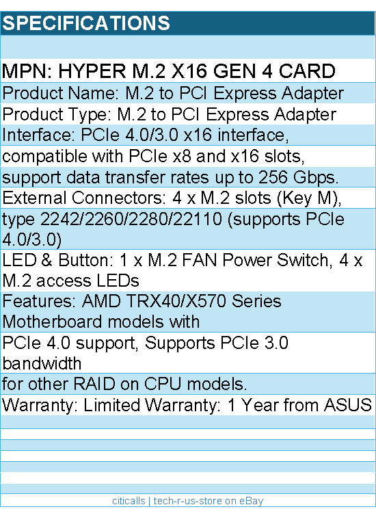 ASUS HYPER M.2 X16 GEN 4 CARD PCIe 4.0 X4 Expansion Card Supports 4 NVMe M.2