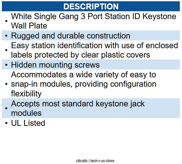 ICC ICC-IC107S03WH FACEPLATE- ID- 1-GANG- 3-PORT- WHITE