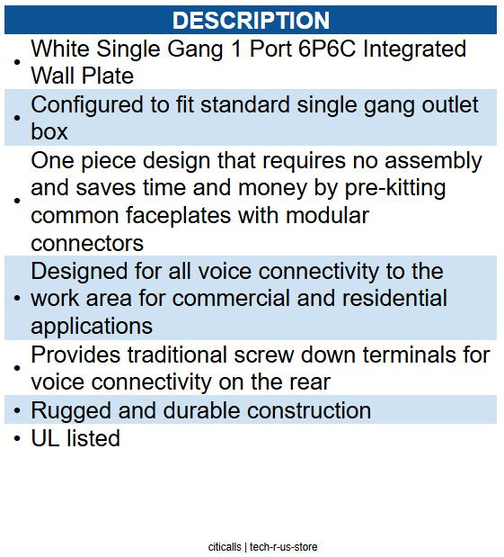 ICC ICC-IC630E60WH WALL PLATE- VOICE 6P6C- WHITE
