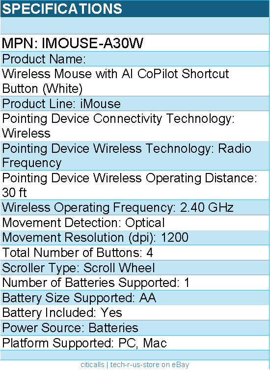 Adesso IMOUSE-A30W Wireless Mouse with AI CoPilot Shortcut Button (White)