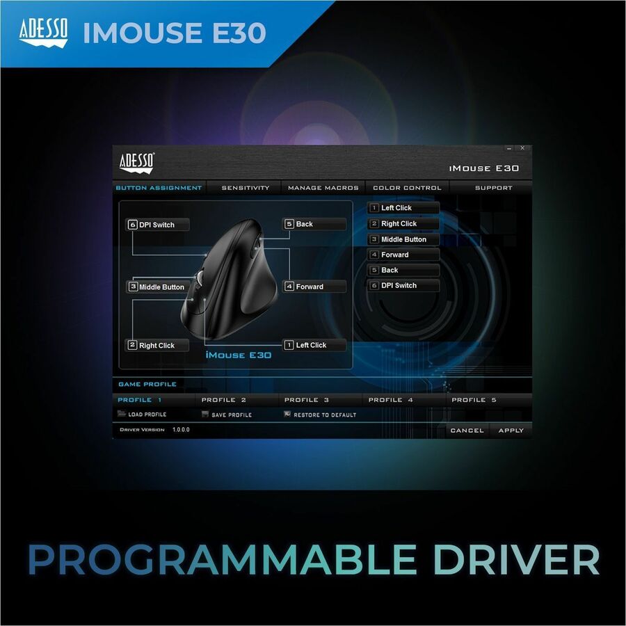Adesso IMOUSE E30 2.4 GHz Wireless Vertical Programmable Mouse - Optical