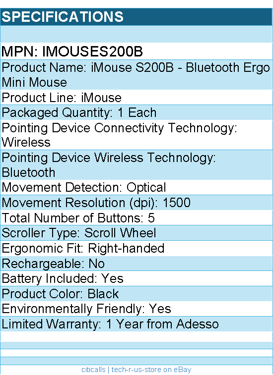 Adesso iMouseS200B - Bluetooth Ergo Mini Mouse - Optical - Wireless - Bluetooth