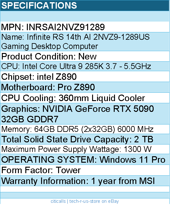 MSI INRSAI2NVZ91289 Infinite RS AI 2NVZ9-1289US Gaming Desktop