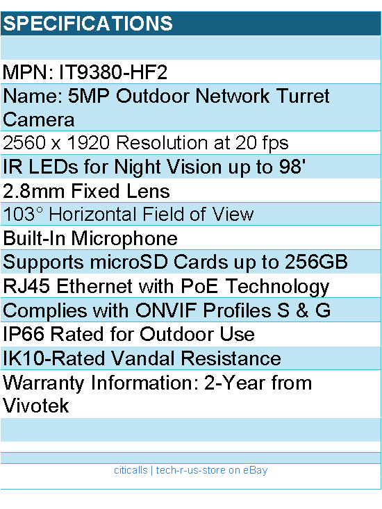 Vivotek IT9380-HF2 5MP Outdoor Network Turret Camera with Night Vision - Retail