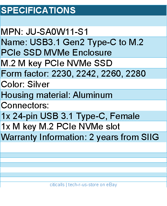 SIIG JU-SA0W11-S1 USB3.1 Gen2 Type-C to M.2 PCIe SSD MVMe Enclosure